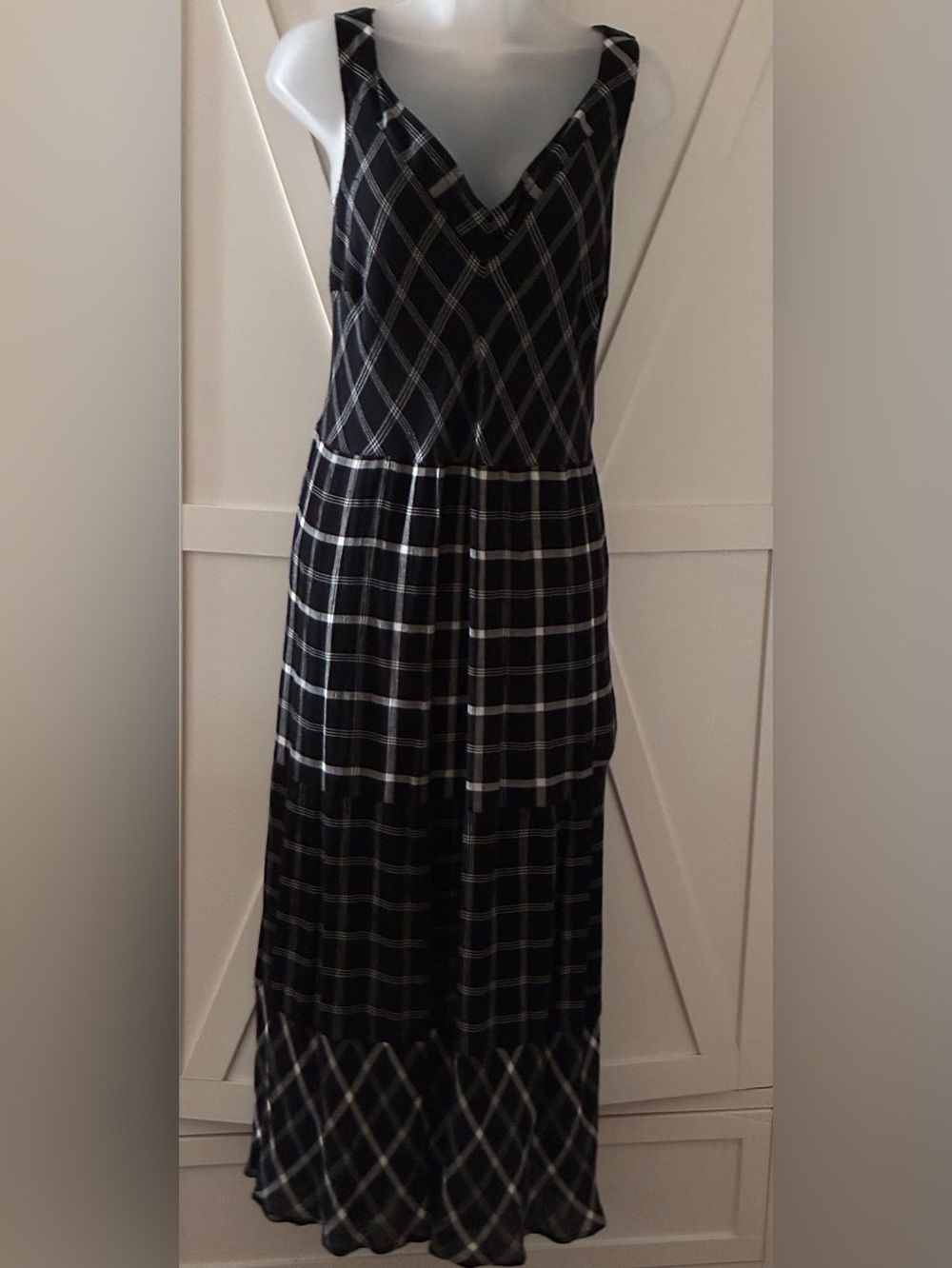 J. Jill Black White Mixed Print Plaid Print Long Midi Dress Size Large